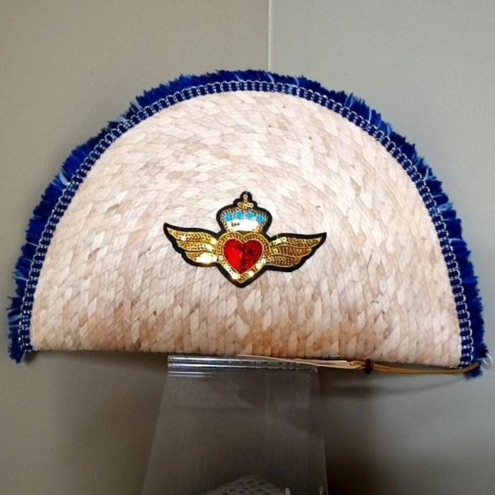 New Half Moon Rattan Woven Clutch Bag Purse w/Blue Fringe & Gold Thread